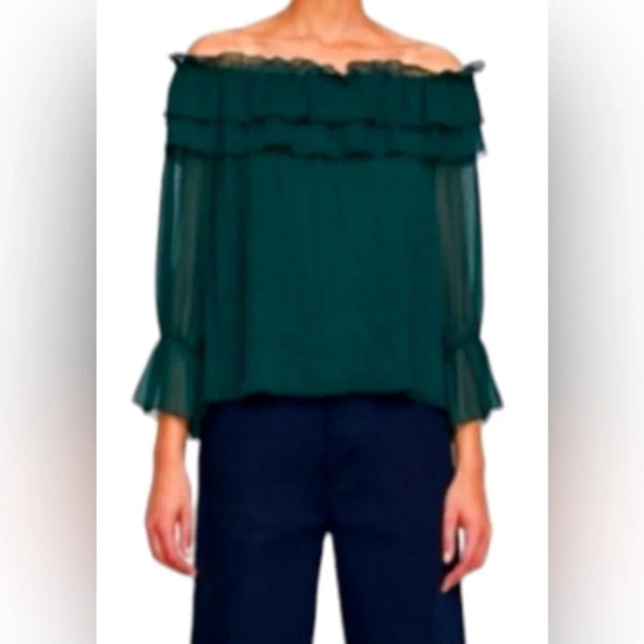 Zara basic XS forest green off shoulder ruffle top - Picture 2 of 6